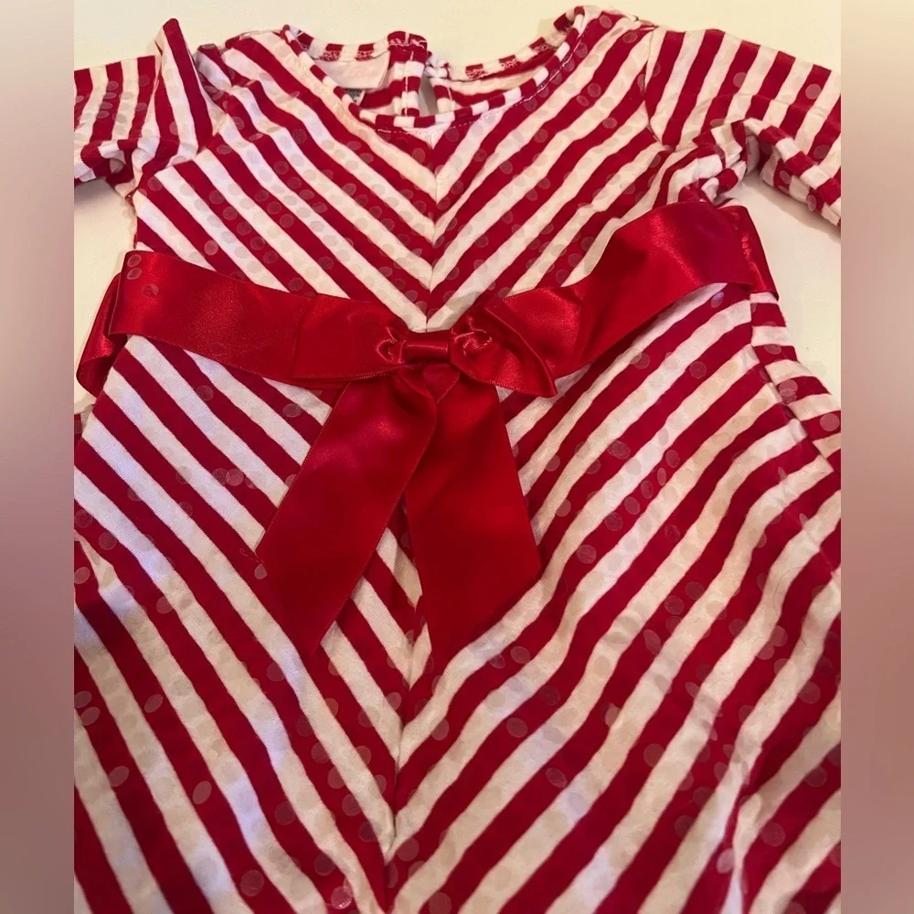 CHRISTMAS BOBBIE BABY DRESS SIZE 18 MONTHS RED/WHITE DIAGONAL STRIPES